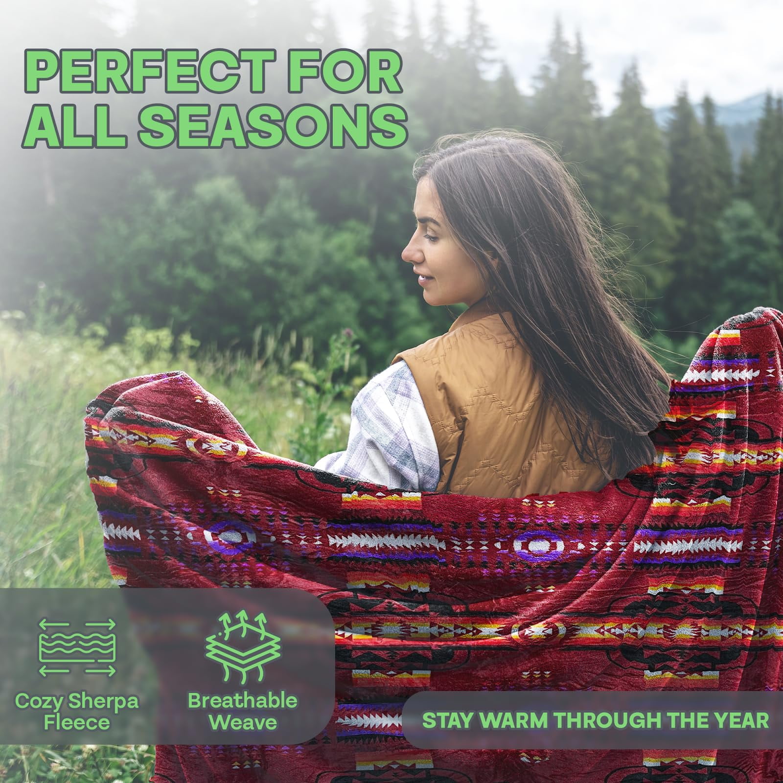 Sacred Thread Fleece Blanket South Western, Reversible Mexican, Vibrant Aztec Blankets and Throws for Aztec Decor for Home (Burgundy Flannel/Sherpa (Throw (40" x 60"))