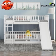 Bellemave Twin over Twin Bunk Bed , Floor Bunk Bed with Slide, Ldder, Door Openable Fence, Wooden Bunk Bed (White)