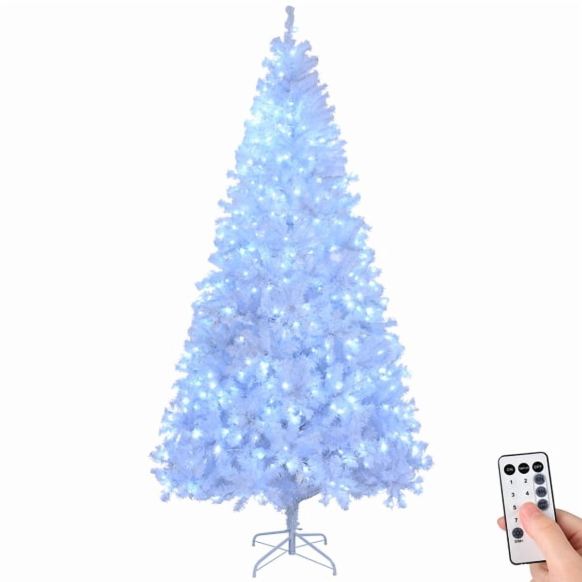 8FT Pre-Lit White Christmas Tree, 1500 PVC Branch Tips, 200 Cold White LEDs, Sturdy Iron Stand, Flame-Retardant Artificial Holiday Centerpiece
