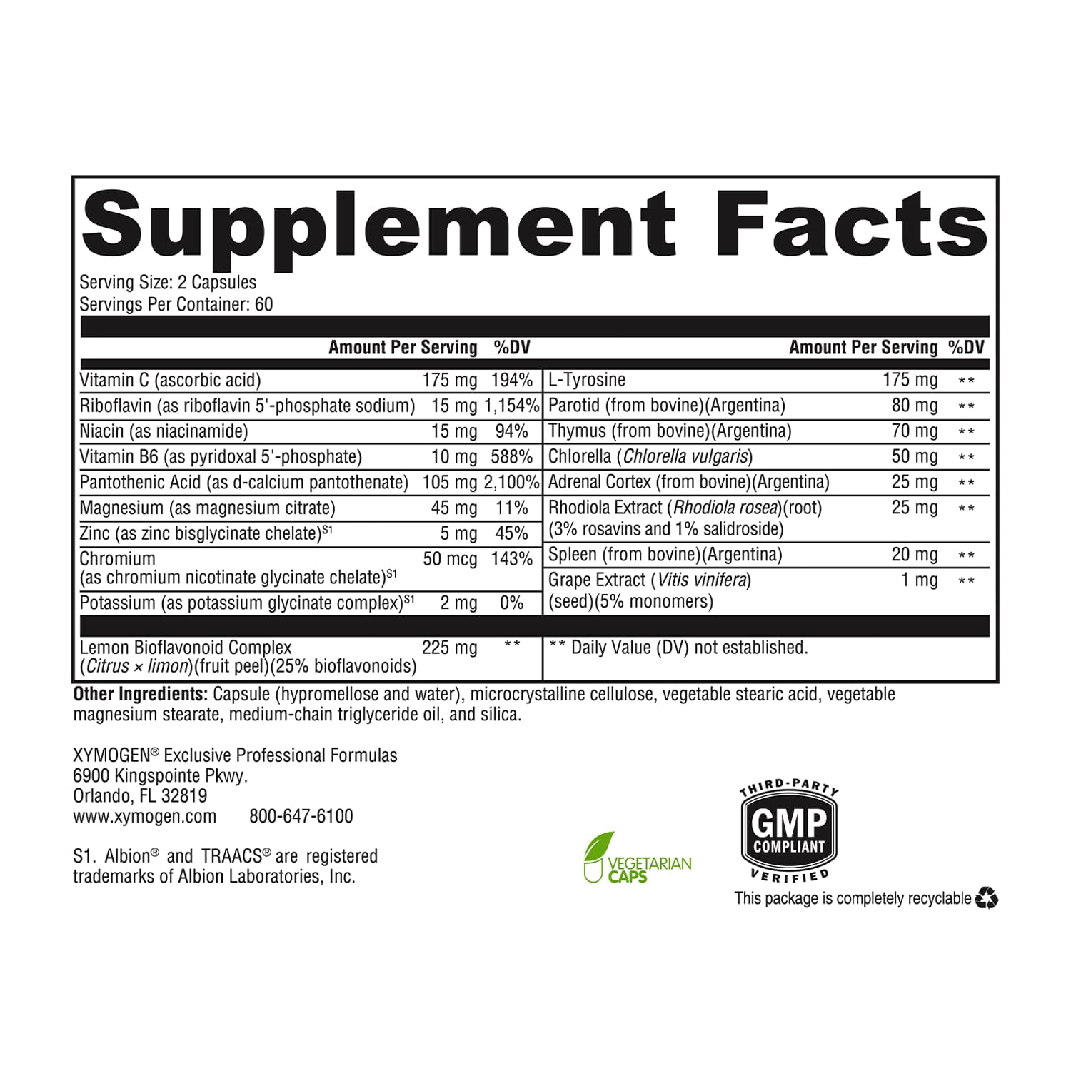 XYMOGEN Adrenal Manager - Energy, Stress Response + Adrenal Gland Support - Adrenal Supplement with L-Tyrosine, Zinc Chelate, VIT B6, Magnesium, Pantothenic Acid, Rhodiola Rosea (120 Capsules)