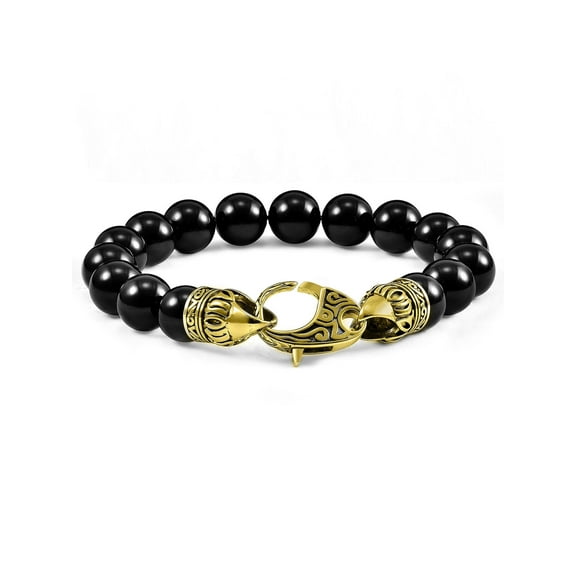 Crucible Jewelry Men's Onyx Stone Antiqued Gold Plated Steel Clasp Bracelet (10mm) - 8"