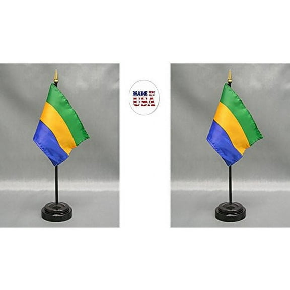 Made in The USA. 2 Gabon Rayon 4"x6" Miniature Office Desk & Little Hand Waving Table Flags Includes 2 Flag Stands & 2 Small Mini Gabonese Stick Flags