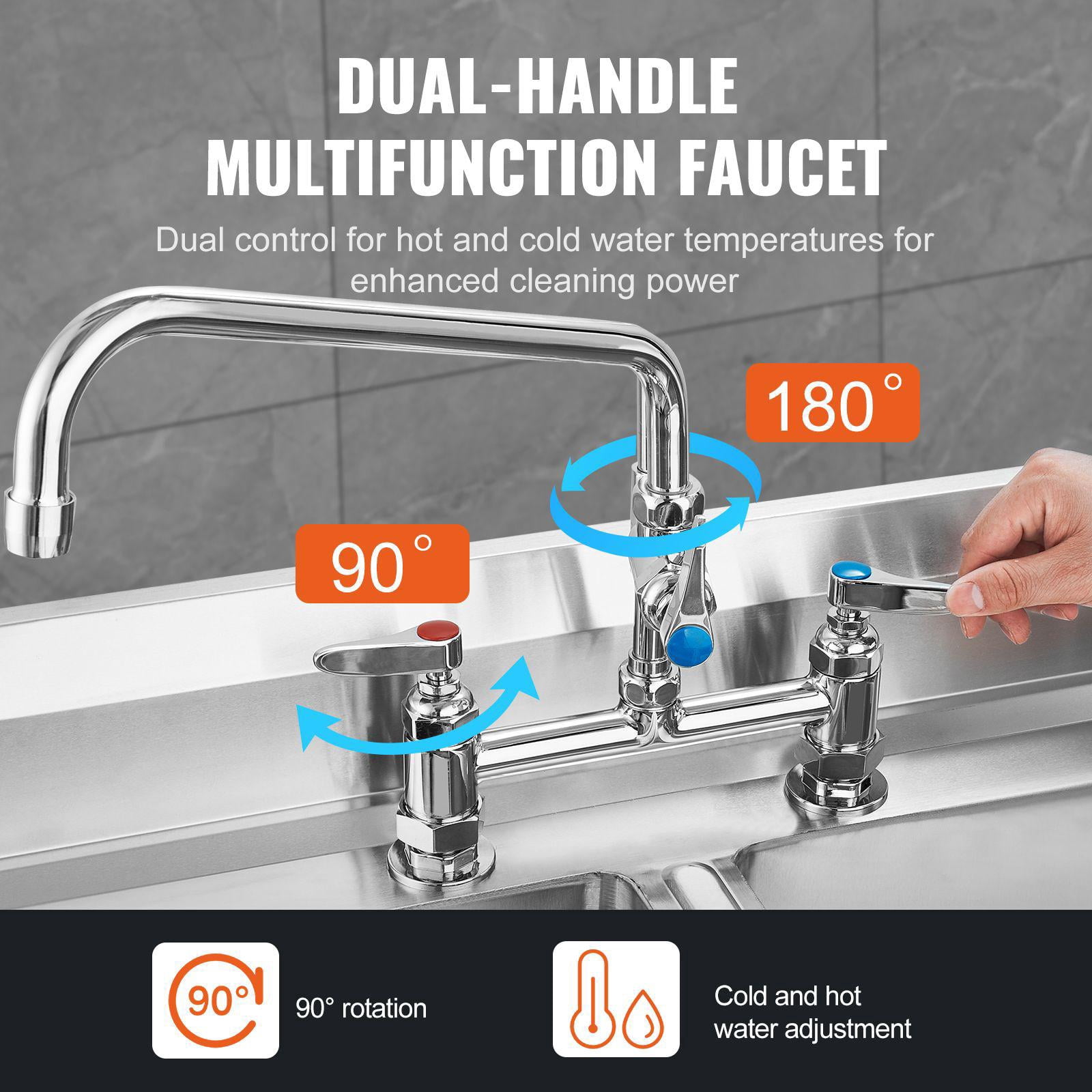 Commercial Kitchen Faucet 26 Inch Height 8 Inch Center 12 Inch Swing Spout Deck Mount Brass Pull Down Spray Pre Rinse for 1 2 3 Compartment Sink