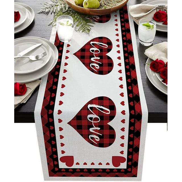 Cotton Linen Extra Long 108 inches Table Runner Valentines Day Red Buffalo Check Plaid Love Non-Slip Burlap Rectangle Tablecloths Decor for Wedding Party Holiday Dinner Home,Heart