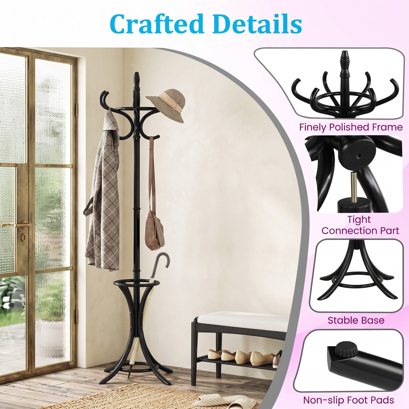 Furnibear Freestanding Wood Coat and Hat Rack Stand with Umbrella Stand Rotating Top and 12 Hooks for Entryway and Hallway, Black