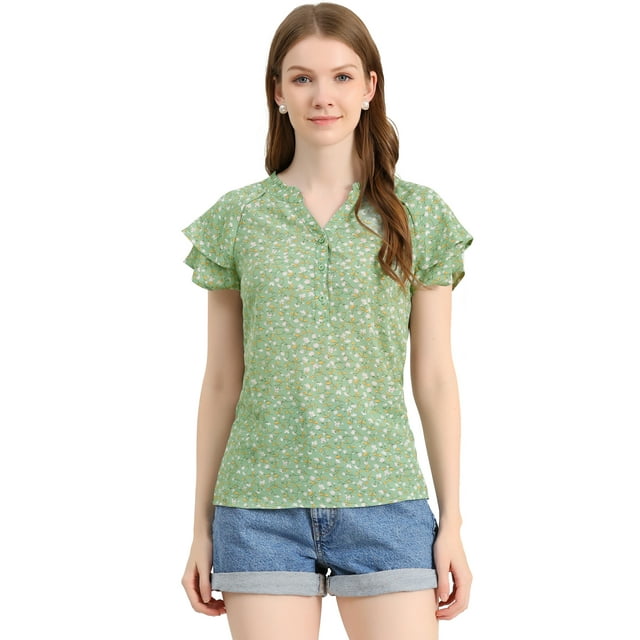 INSPIRE CHIC Blouse Décontractée pour Femme à Imprimé Floral, Manches à Volants, Boutonnée, Col en V, Verte, TG