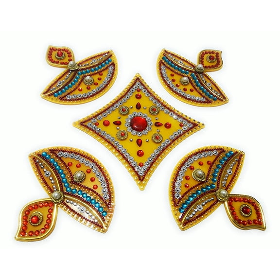 FineArt Handcrafted Decorative Diwali Rangoli Set Multicolor Jewel Stone/Kundan Decorations on Yellow Acrylic Base 5 Piece Set - for Home Dcor