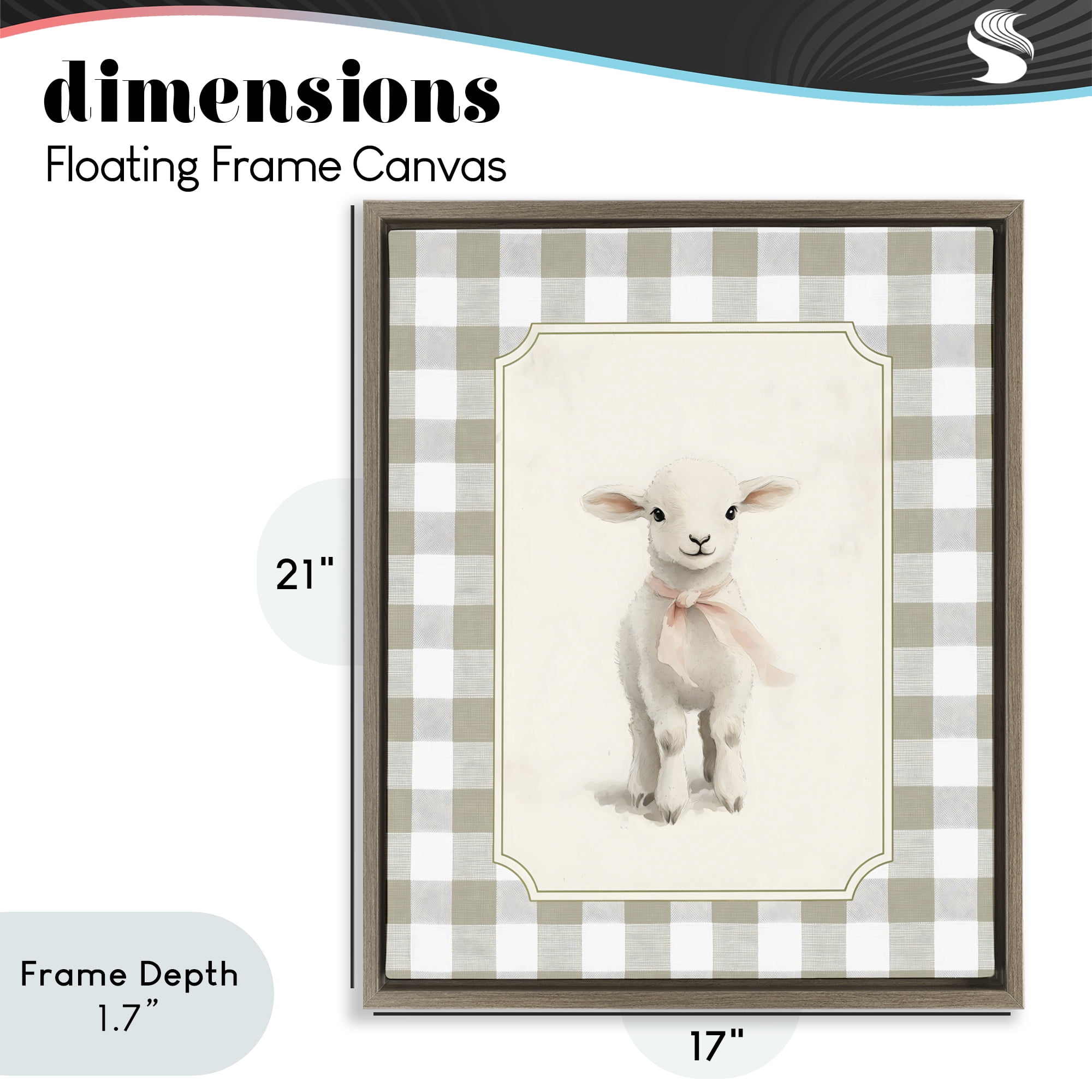 Stupell Industries Gingham Lamb with Pink Ribbon Brown Framed Floater Canvas Wall Art, design by Arlington Prints