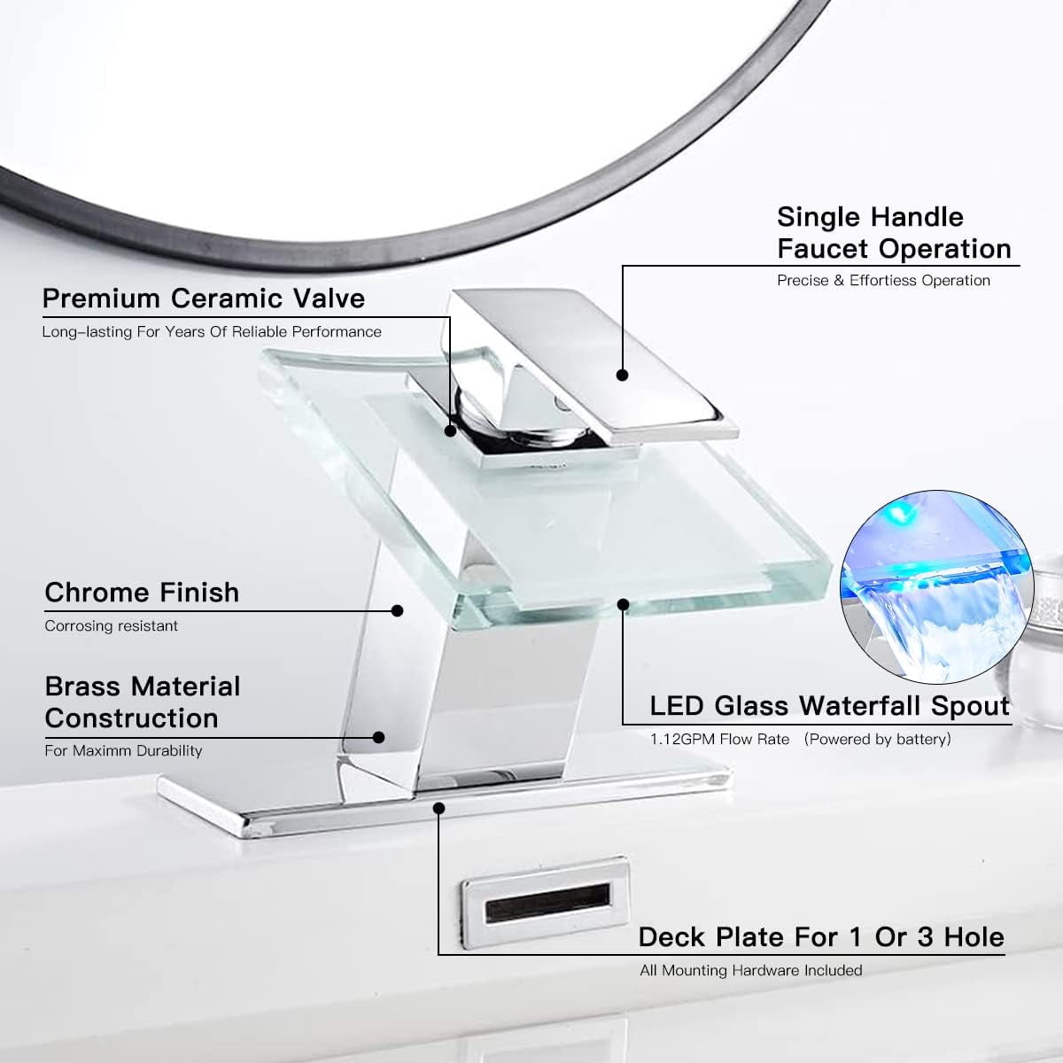 Zovajonia Brushed Nickel LED Bathroom Sink Faucet Single Hole 4 Inch Centerset Waterfall Faucet Glass Spout with Deck Plate