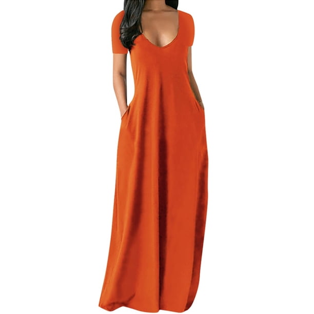 Summer Maxi Dress For Women Clothing 2022 Fashion Solid Color Sexy Deep V-neck Short Sleeve Casual Dress High Waist Pocket RobeXXXL Gao Jinjia LED