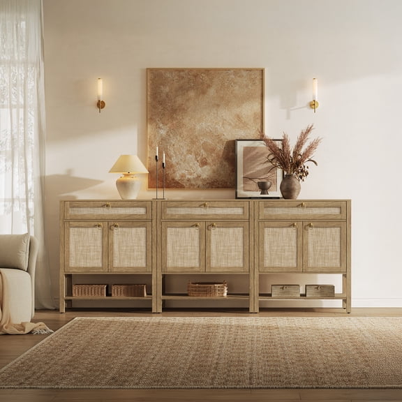 SICOTAS 33.5"Wide Cream White Sideboard Set of 2-Boho Storage Cabinet with Adjustable Shelves & Drawer, Rattan Buffet Sideboard with Gold Round Handles for Kitchen,Living Room, Dining Room
