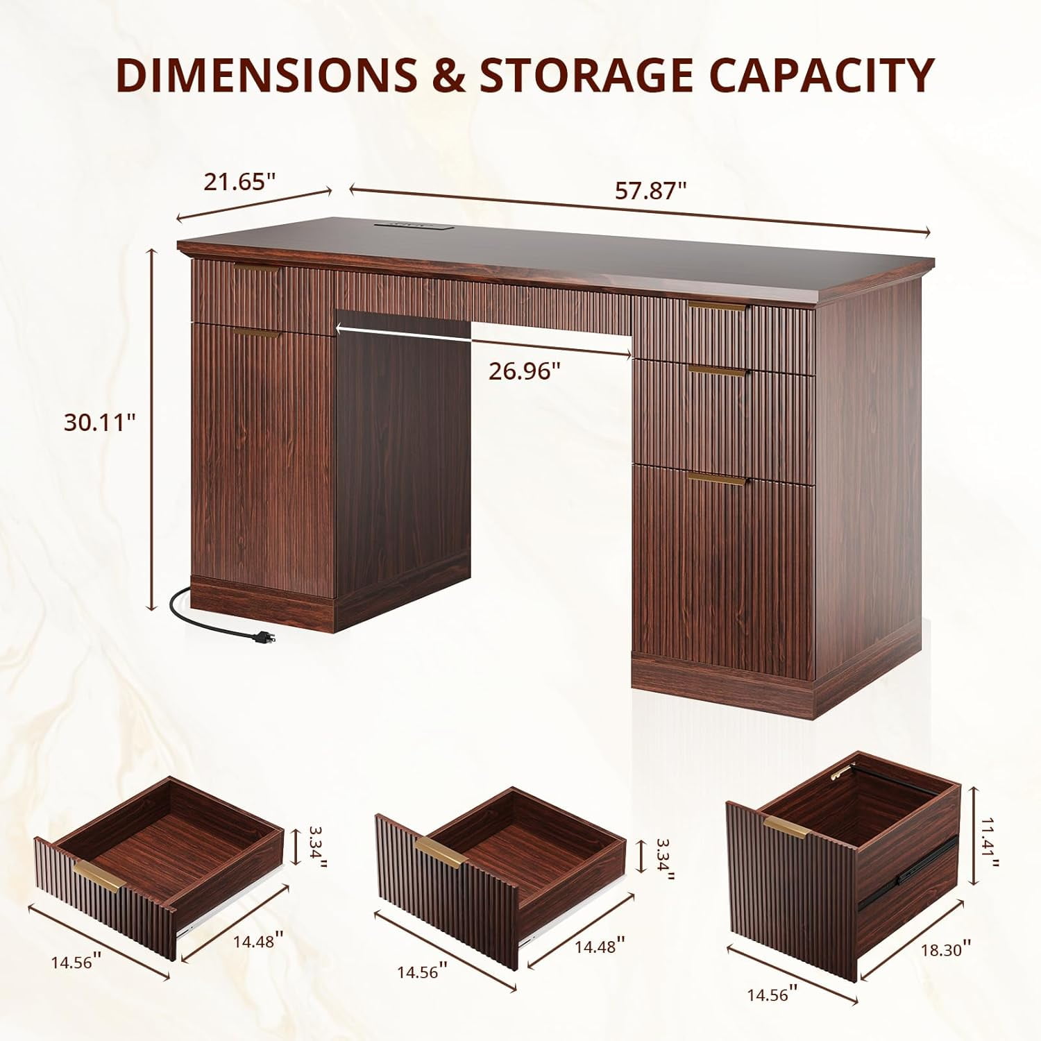 SELOOYE 58" Fluted Modern Desk with Storage, Home Office Desk with 1 File Cabinet & 5 Drawers, Wood Executive Computer Writing Desk for Study, Living Room, Bedroom(Walnut)