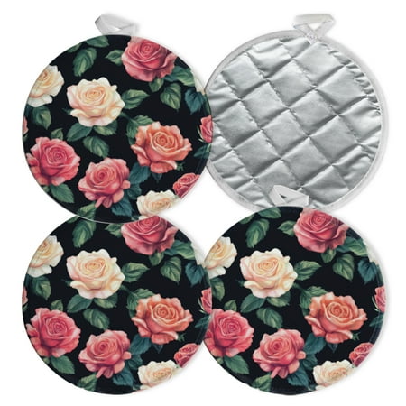 

4 PCS Pot Holders for Kitchen Potholders Sets with Hook for Oven Cooking Baking Rose Pattern On Black Background