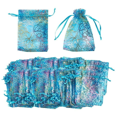 Organza Bags - 120-Count Blue Coral Satin Drawstring Organza Bags, Mesh Favor Bags for Baby Showers, Wedding Gifts, Special Occasions, Party Favors - 3.5 x 4.7 Inches