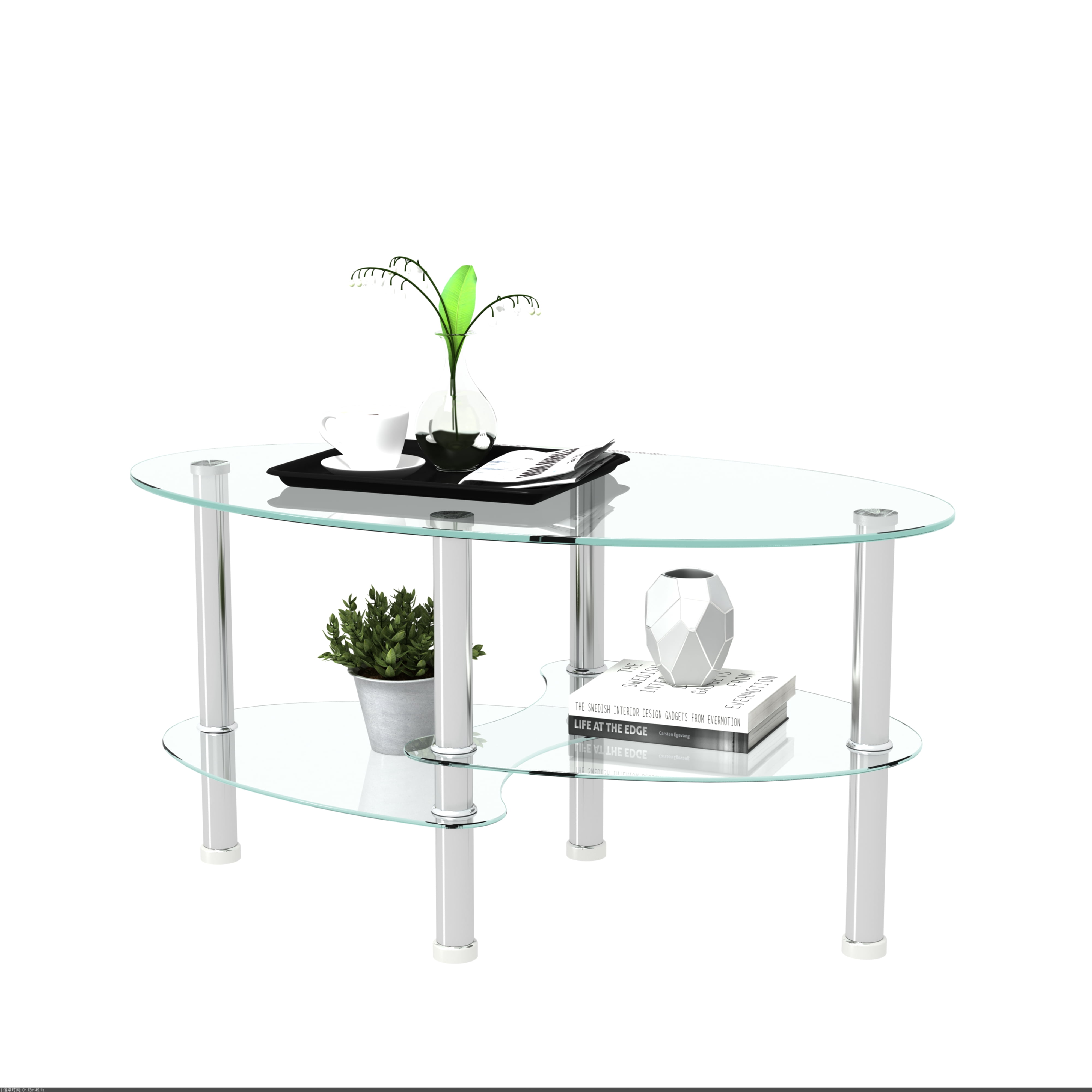 MAYEERTY Transparent Oval Glass Coffee Table – 3-Layer Modern Tea Table with Stainless Steel Legs