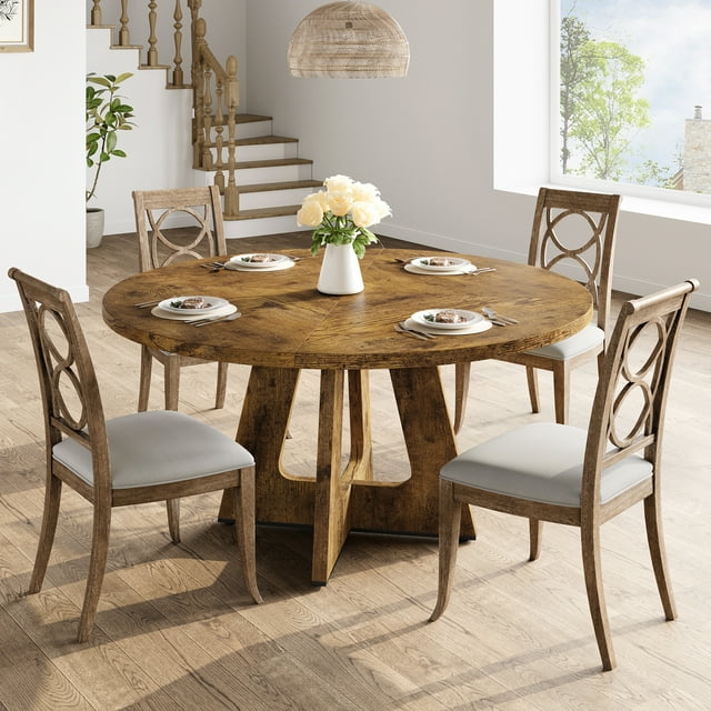 47 Inch Round Farmhouse Dining Table for 4-6 People, Gray Distressed Wood Table with Rustic Base, Circular Kitchen Table for Dining Room, Living Room, Small Space (No Chairs Included)