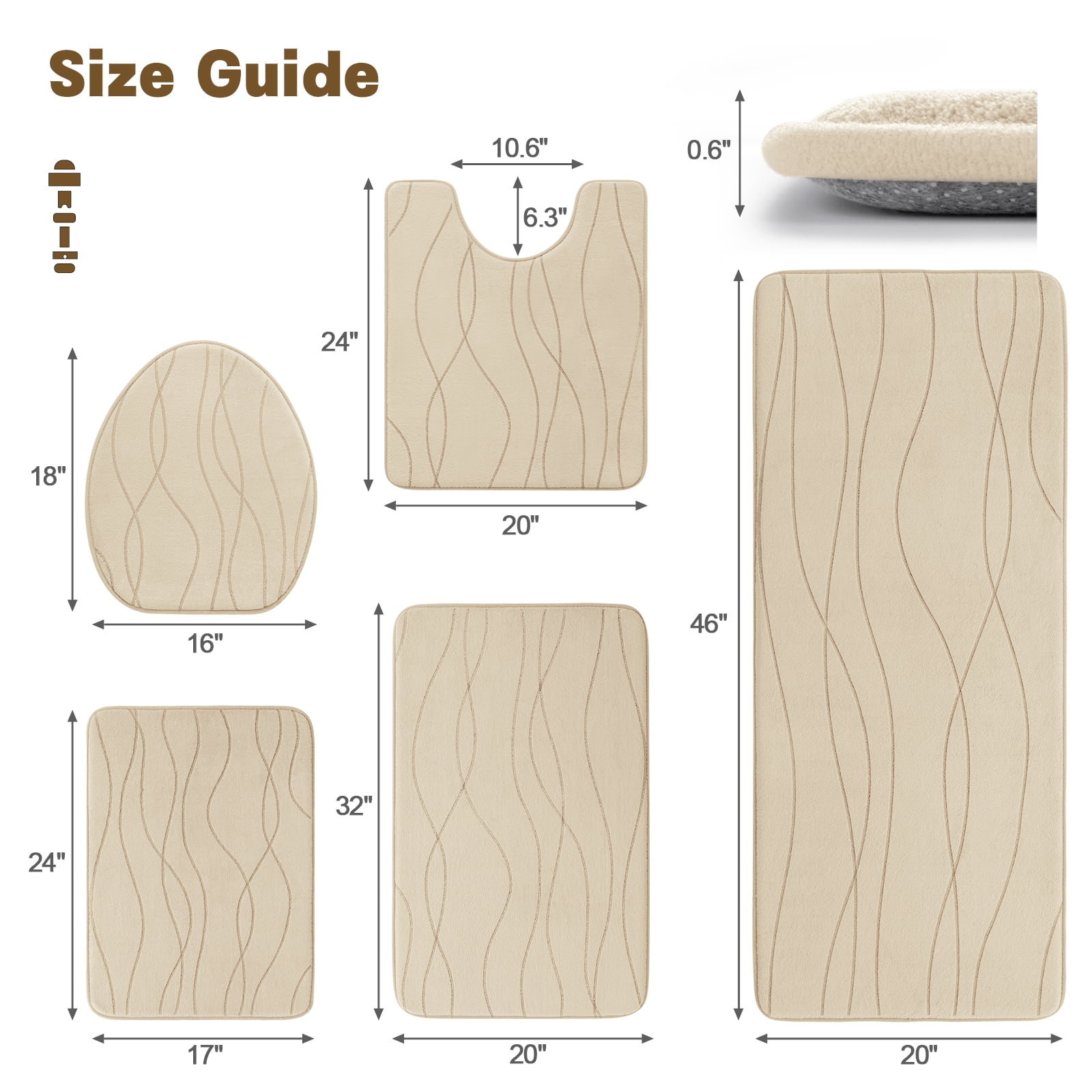ChakmeOne Bathroom Rugs Sets 5 Piece, Khaki Bathroom Rug Soft Absorbent Microfiber Bath Mats and U-Shaped Contour Toilet Rug, Non-Slip Machine Wash Dry for Floor Tub and Shower