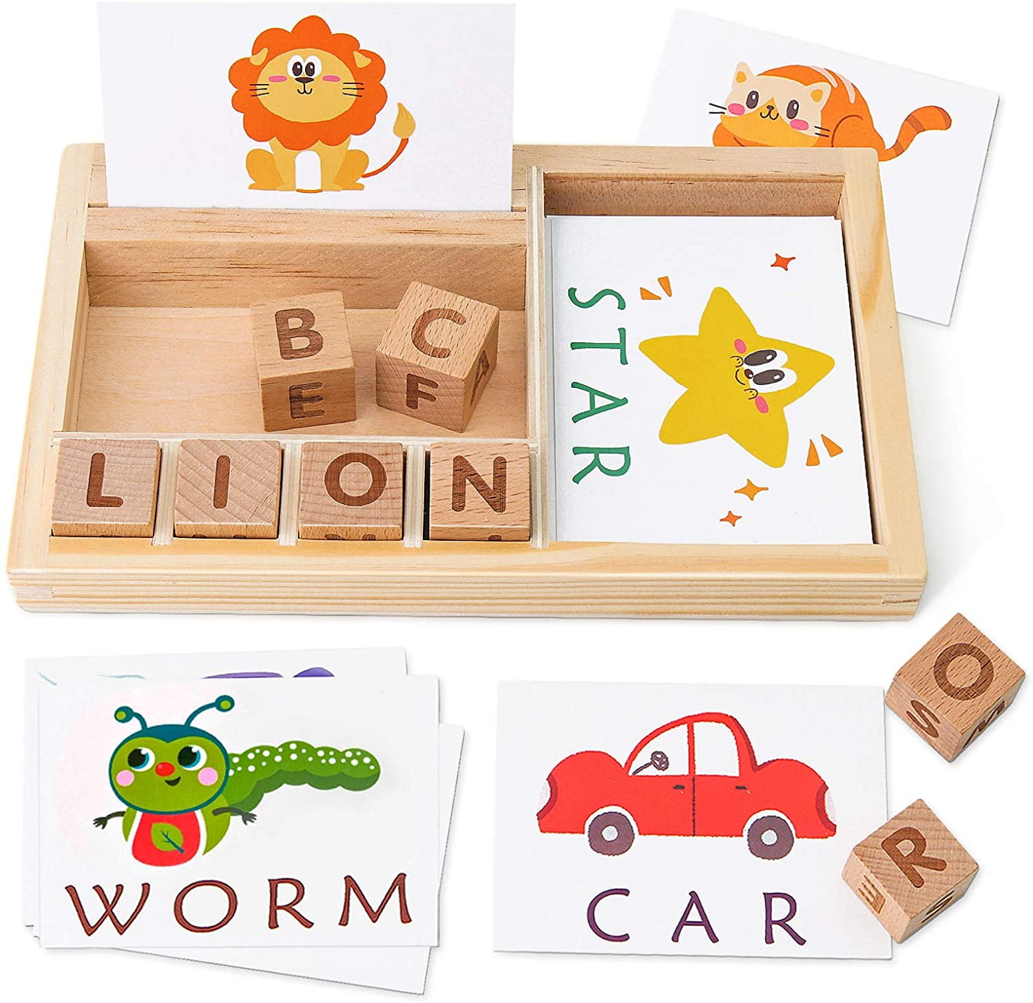 Spelling Games, Wooden Matching Letters Toy with Words Flash Cards