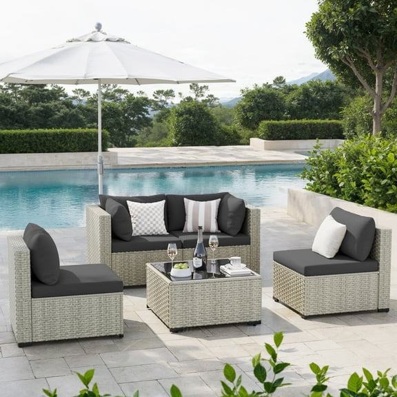 Amopatio 5 Pieces Patio Conversation Set, Outdoor Sectional PE Rattan Wicker Furniture Seat,GRAY