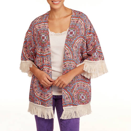 No Boundaries Juniors' Fringed Woven Kimono - Walmart.com