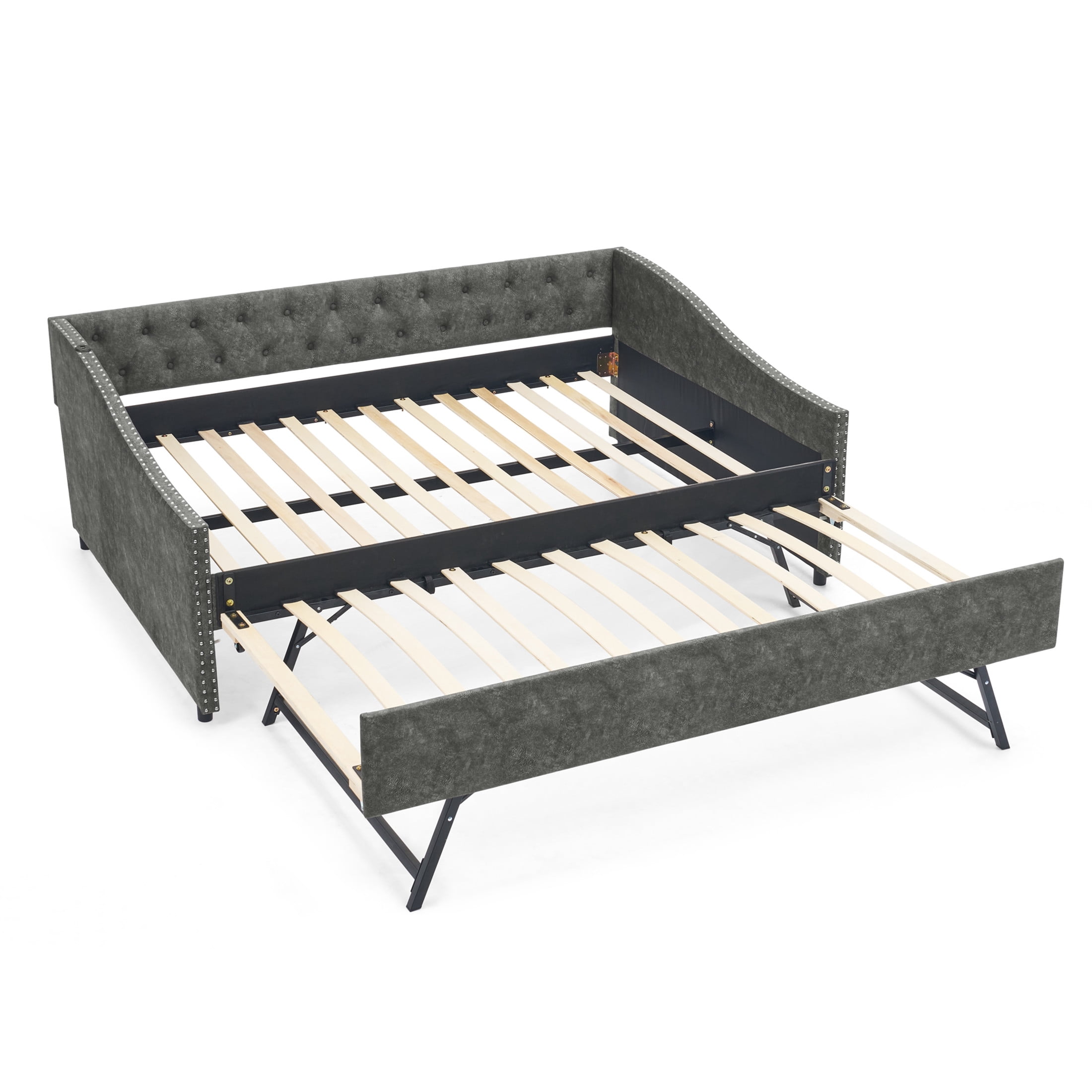 Noble House Liza Full Size Upholstered Tufted Daybed, Extendable Pull-out Double Bed Frame with Charging Port, Grey