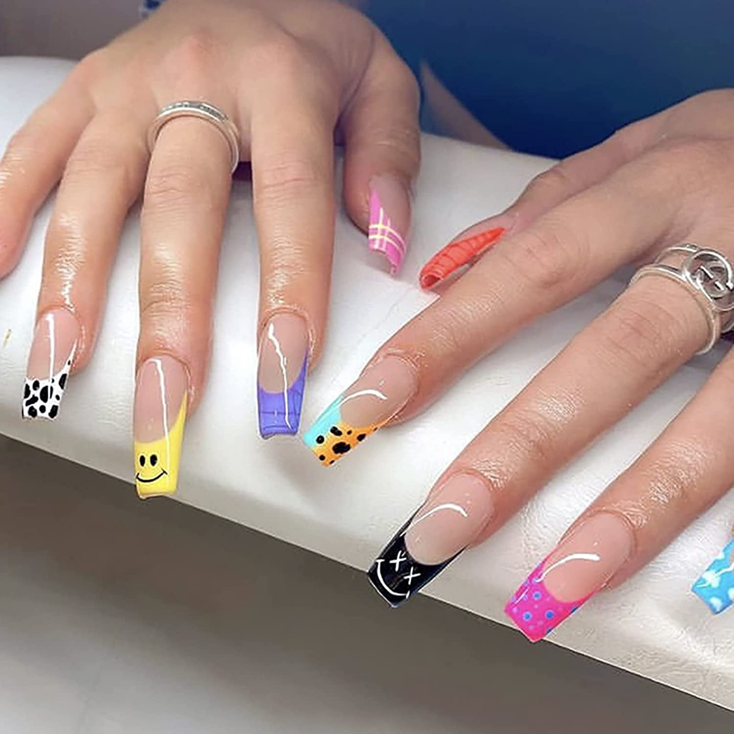 French Tip Press on Nails Long with Smiley Face Designs, Fake Nails Coffin  with Nail Glue, Acrylic Glue on Nails for Women/Daily/Party,  24PCS/Set(Smile Zone) 