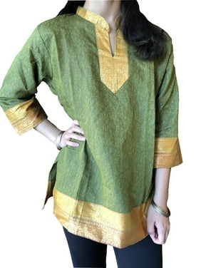 Mogul Women Green Cotton Silk Tunic Top Traditional Handmade Ethnic Top Blouse