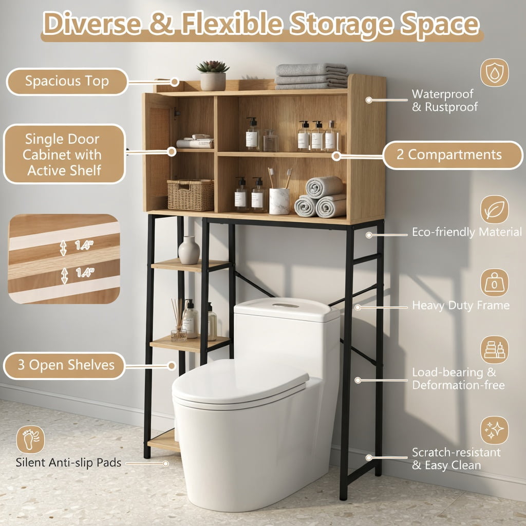 Hommoo Over the Toilet Storage Cabinet with PE Rattan Door, 3-Tier Adjustable Open Shelves, Engineered Wood & Metal Frame, Space-Saving Bathroom Organizer, Natural