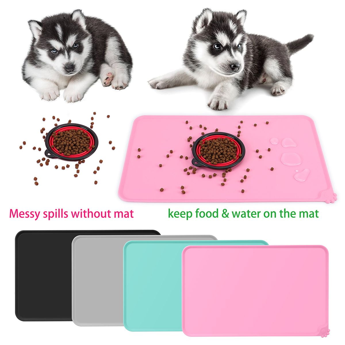 Averyday 32x24 Silicone Dog Water Bowl Mat Fits Multi Cat Feeding Stations, 0.63 inch High Edge XL Waterproof Rubber Pet Dog Cat Food Bowl Mat/Tray