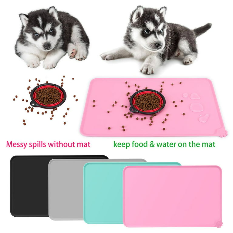  Messy Mutts Silicone Non-Slip Dog Bowl Mat with Raised Edge and  Two Sides Reinforced with Metal Rods, Dog/Cat Bowl Mat with Spill-Proof  Lip, Medium, 20” x 12”