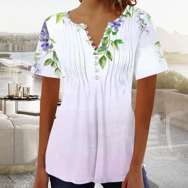 Fiudx Ofertas Flash Artículos En Oferta Blusa Superior de Manga Corta con Cuello En V y Botones Estampados Informales a La Moda para Mujer