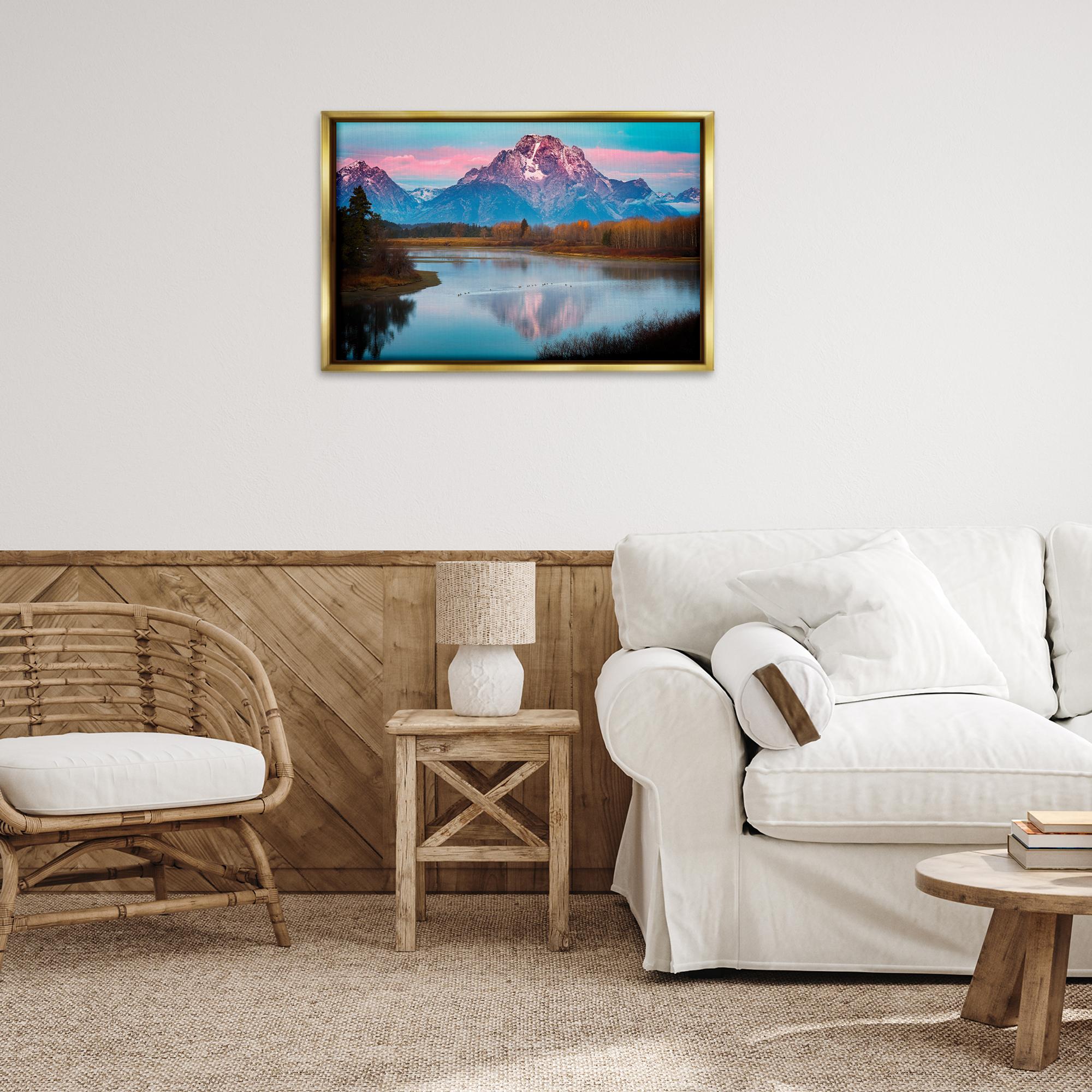 Stupell Industries Vast Mountain Lake Photography Landscape & Nature Photography Gold Floater Framed Canvas Art Print Wall Art, 31 x 21