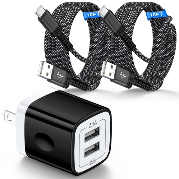 Type C Charger, Fast Charging Block USB Wall Charger with 10FT Type C Charging Cable USB C Cable, 2pcs USB A to USB C Cable with Dual Port Android Charger, USB Power Adapter USB Cube Charger[Black]