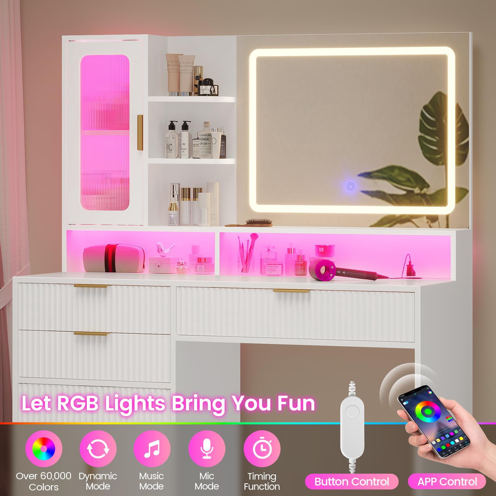 Fluted Makeup Vanity Desk with Touch Screen Mirror and Lights, Wood Vanity Table with Charging Station & LED Lights, with 3 Drawers & Cabinet & Shelves, White