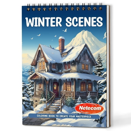 Netecom Winter Scenes Coloring Book Spiral Bound for Adults A5 Wooden Cover 30 Cozy Moments Coloring Pages of Homes in Holidays for Stress Relief and Relaxation