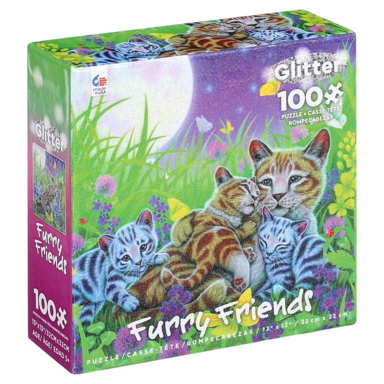 Ceaco - Furry Friends Glitter - Family Cat - 100 Piece Kids Jigsaw