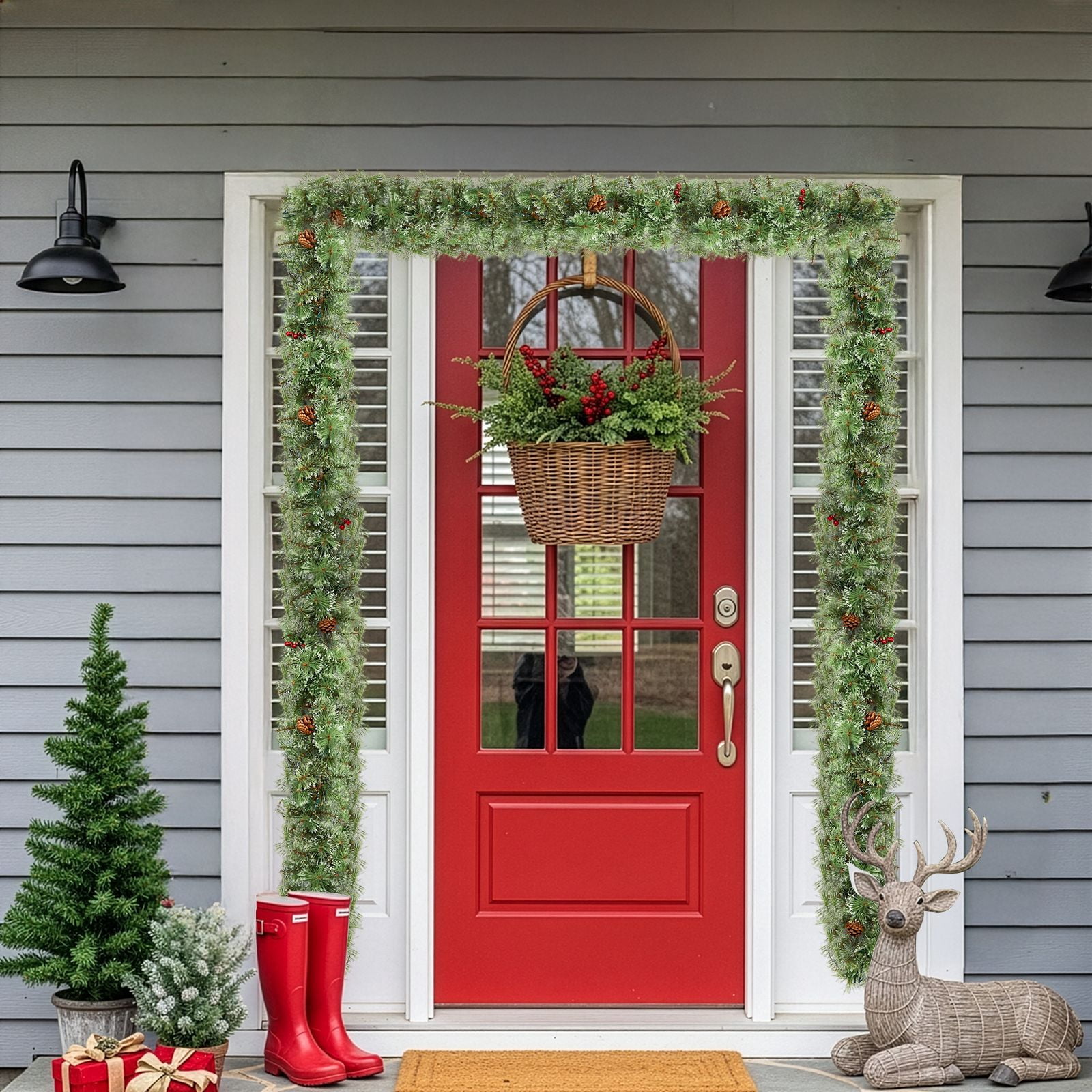 2 Pack 9FT Pre-lit Snow Flocked Christmas Garland, Lighted Artificial Xmas Garland with 200 Warm Lights and 440 Tips and Red Berries, for Front Door Gate Wall Xmas Party Decorations, Snowy Green
