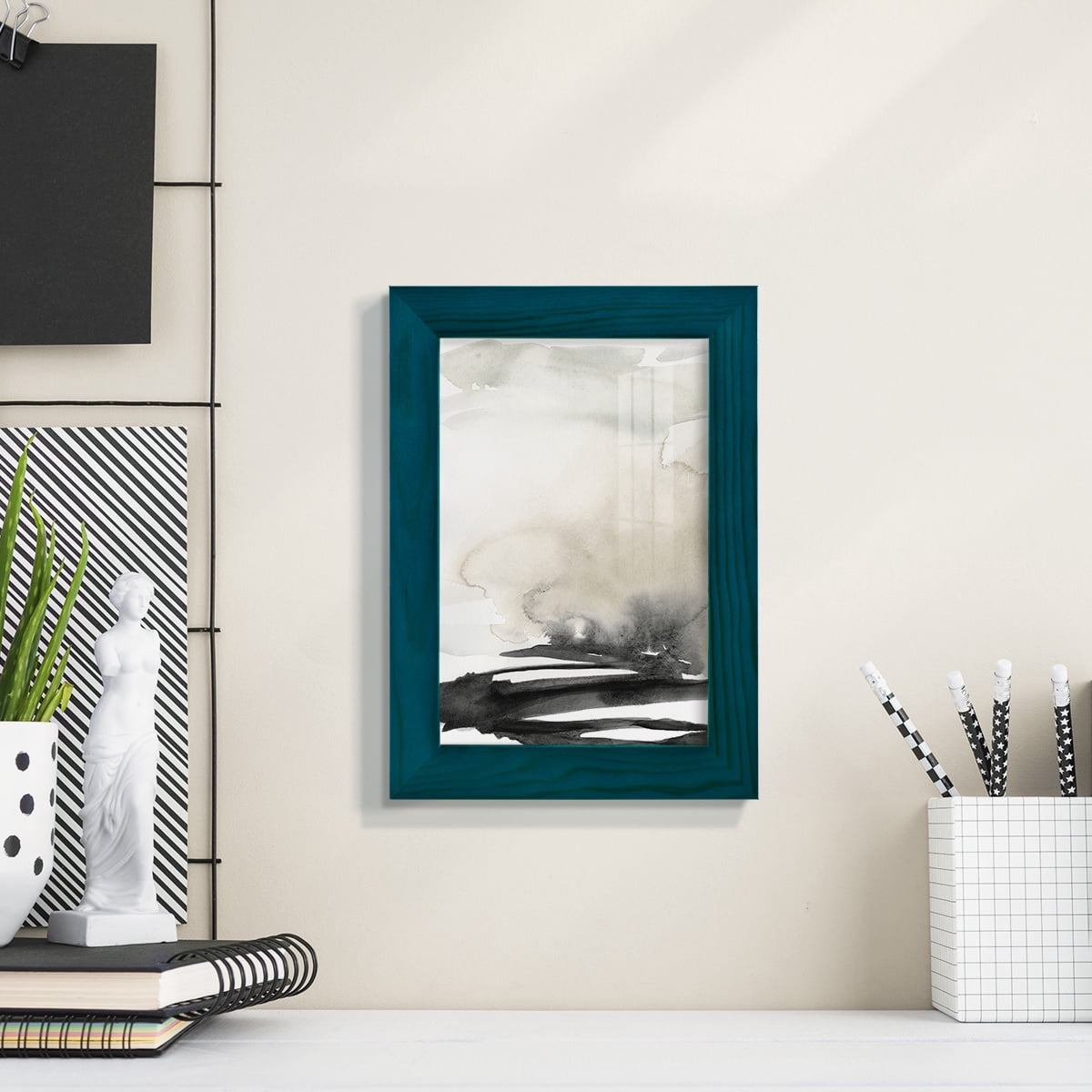 Ebony Horizon Triptych I - Framed Print w/glass - Ocean Blue