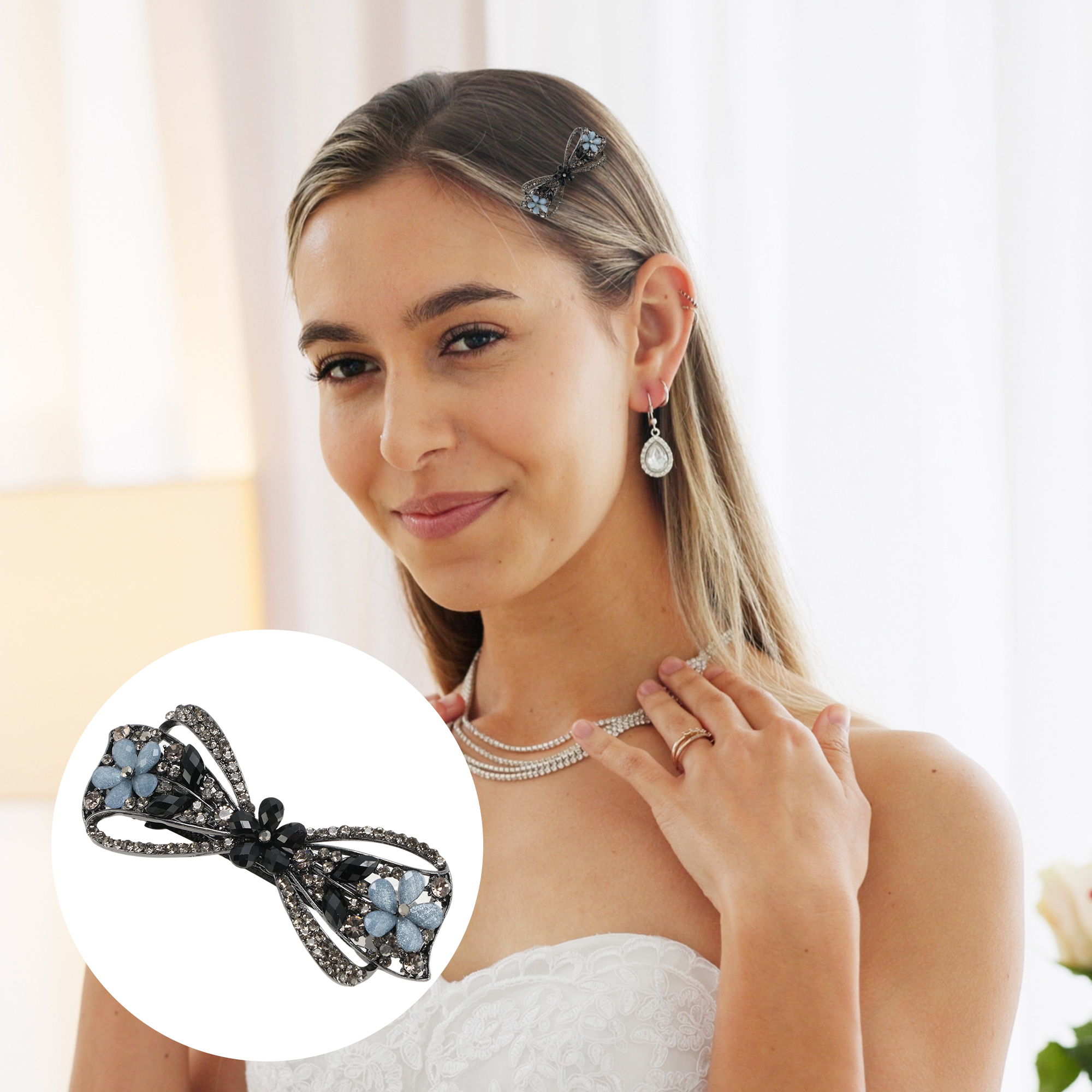 Unique Bargains Flower Bow Hair Barrettes 1 Pc Hairstyles Black, Gray