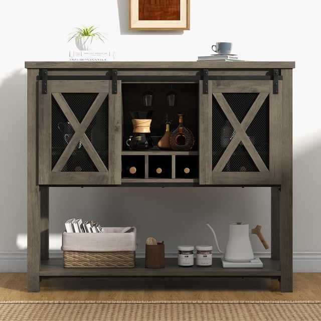 Ourlova Buffet Sideboard Cabinet 46.5 inch Buffet Cabinet with 2 Doors 9 Cubbies Stemware Rack Buffet Table Coffee Bar Wine Bar Storage Cabinet for Dining Room/Living Room/Kitchen