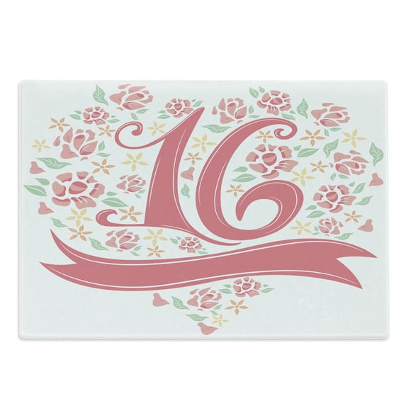 16th Birthday Cutting Board, Floral 16 Typohraphy with Spring Floral Rose Petal Image, Decorative Tempered Glass Cutting and Serving Board, Large Size, Dark Coral Mint, by Ambesonne