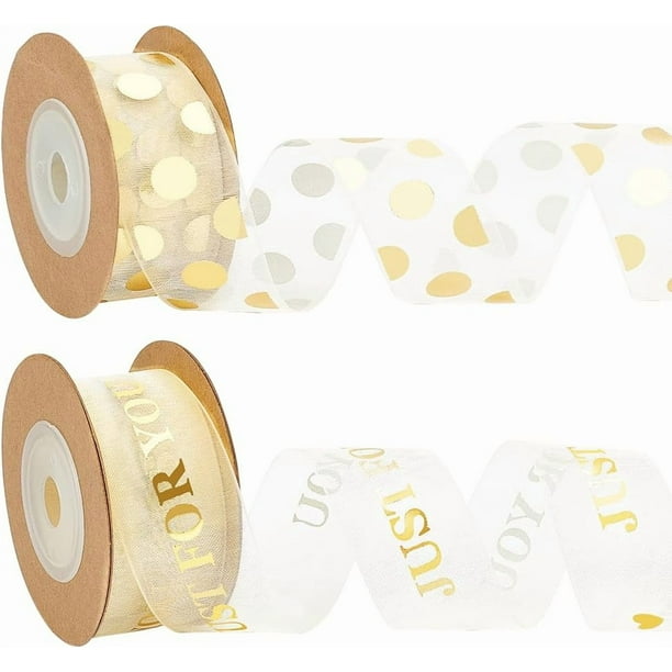 2 rollos de cinta de organza con estampado metalizado brillante, 22 yardas x 1 pulgada, cinta de organza blanca transparente para regalo.