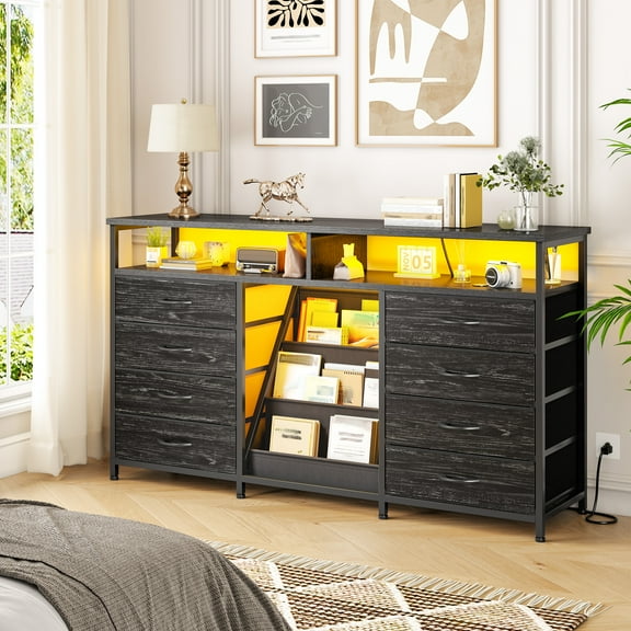 EnHomee Dresser TV Stand for 65" TV with Power Outlet and LED Lights Dresser for Bedroom with Bookrack & 8 Fabric Drawers, TV Console for Living Room,Black