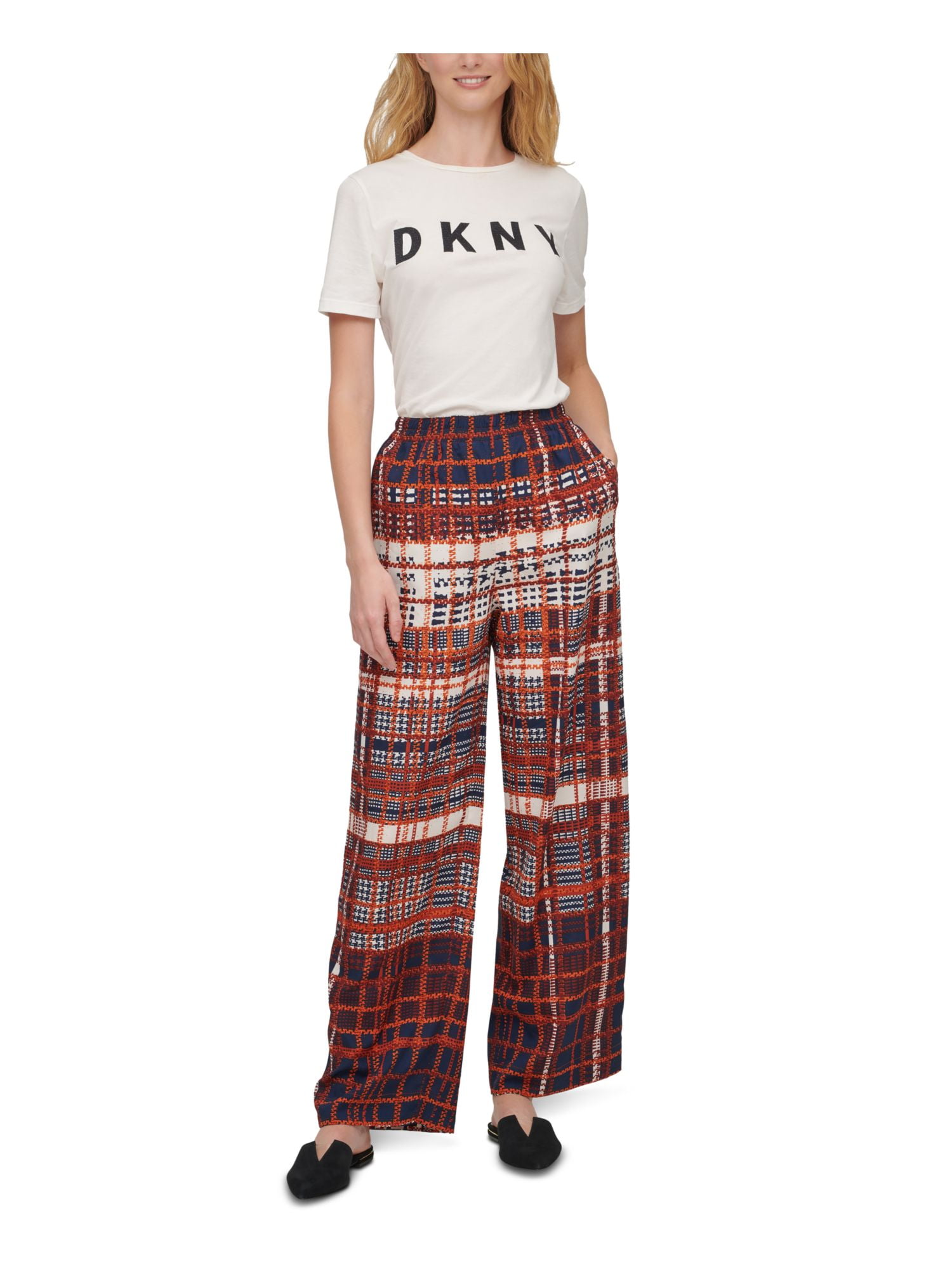 DKNY Womens Brown Elastic Waist Plaid 