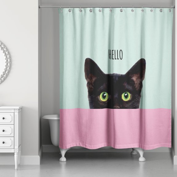 Creative Products Mint And Pink Striped Curious Cat 71x74 Shower Curtain