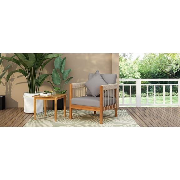 Outdoor Seating Acacia Wood Outdoor Club Chair with Handwoven Rope Accents & Curved Backrest - Water-Resistant Boho Patio Lounge Chair with Removable Cushions for Porch, Garden,Garden Seating