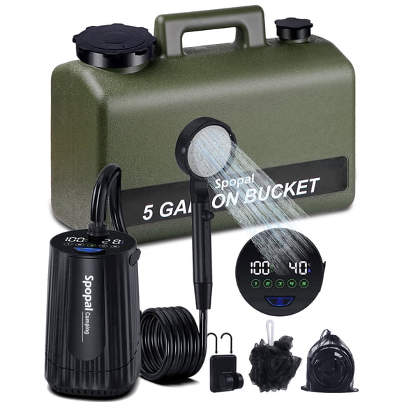 Spopal Portable Shower for Camping with 5 Gallons Food-Grade Bucket, 10000mAh Rechargeable Outdoor Camping Shower with Filter Shower Head, LED Display, 5-Speed, IPX8 Waterproof for Hiking, Travel