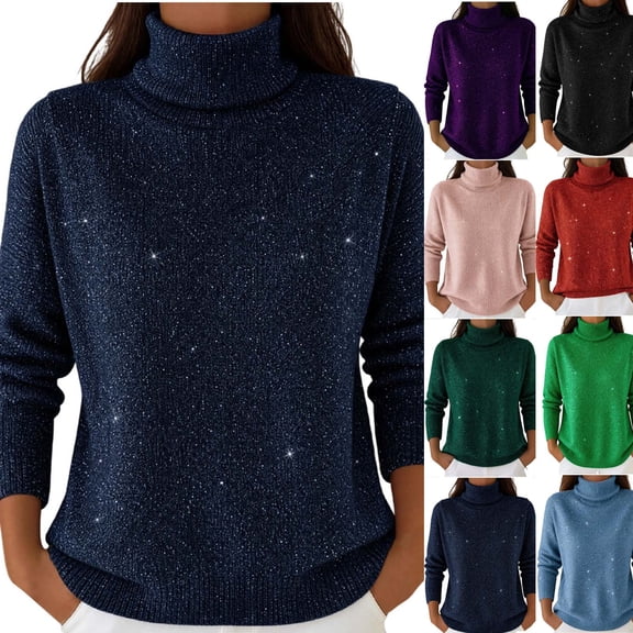 Women's & Plus Size Sequin Sweater, Sparkly Turtleneck Long Sleeve Relaxed Fit, Fall Winter Soft Basic Casual Tops S-5XL