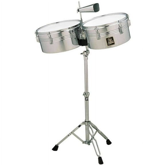 Latin Percussion Aspire Series 13" and 14" Metal Timbale Set with Cowbell, Silver