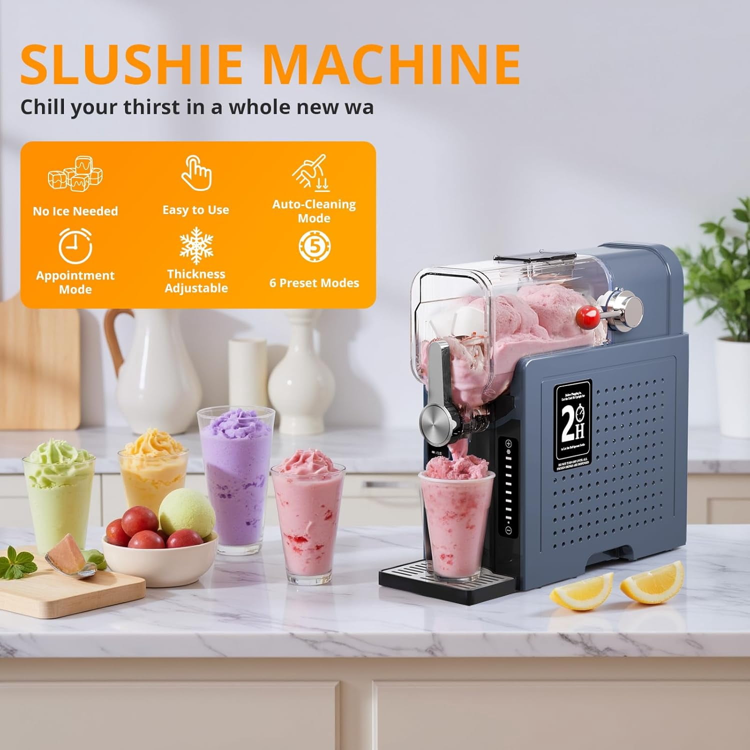 Slushie Machine, Sand Ice Maker, Frozen Drink Maker with 6 Preset Modes | No Ice Needed | Self-Cleaning Slush Machine for Home or Commercial Use | Perfect for Smoothies, Margaritas, Dark Blue